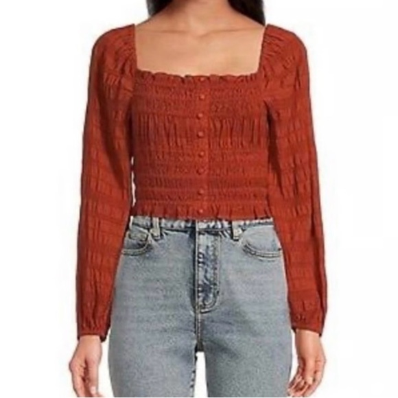 Gianni Bini Orange Smocked Puff Sleeve Blouse - Picture 1 of 10